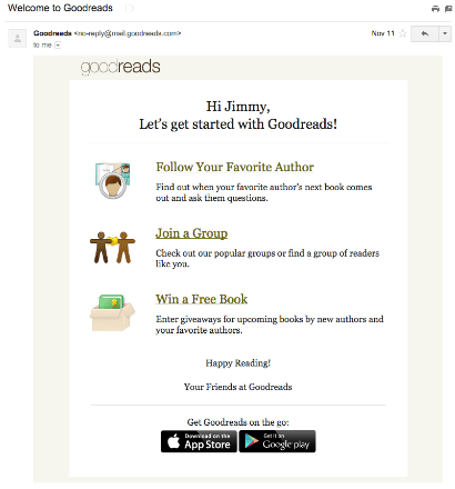 Goodreads compliments its in-app onboarding with a welcome email