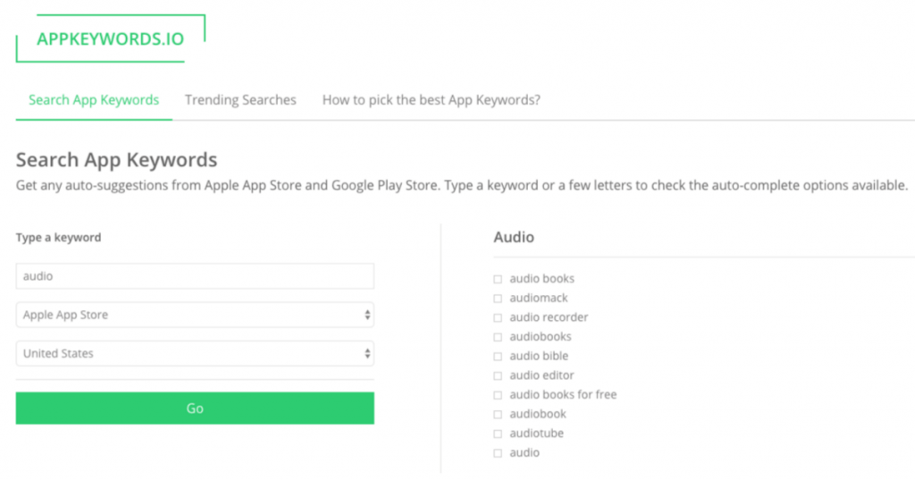 Searching for “audio” on appkeywords.io provides auto-suggestions from both stores -min