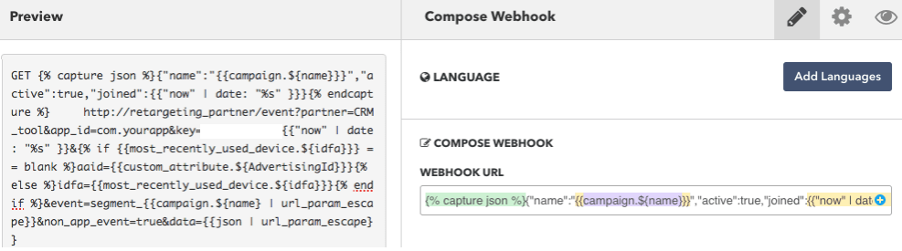 Example webhook structure sending user segment info