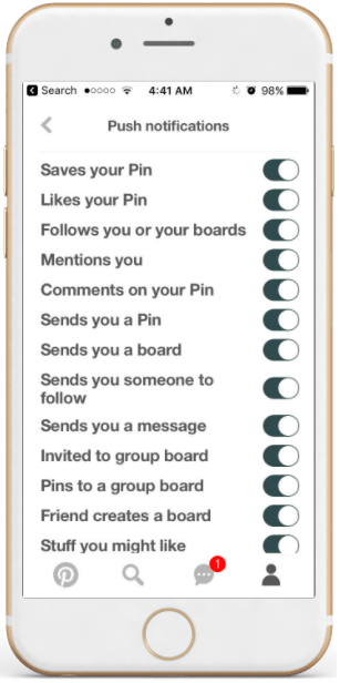 Pinterest gives users a comprehensive list of notification categories to control 