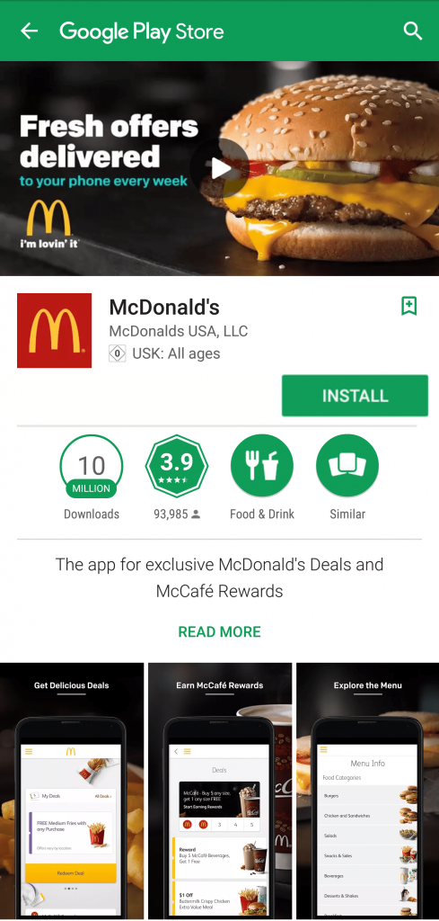 The feature graphic at the top of the McDonald’s page (includes a video)
