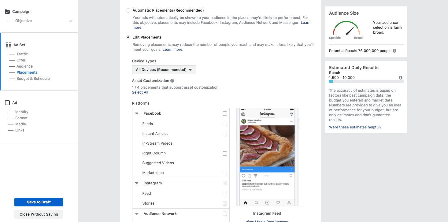 Facebook often recommends keeping your ad placements together