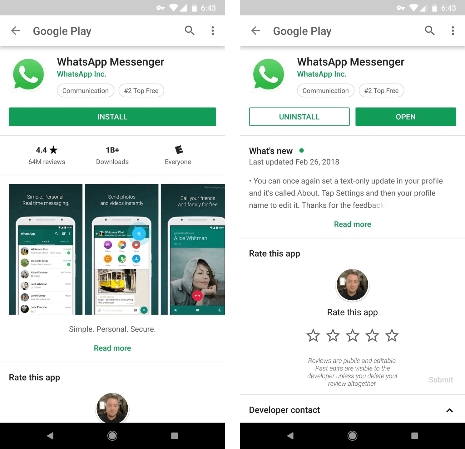 Play Store page before and after installing the page (Source GadgetHacks) WHATSAPP-min