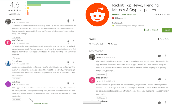 reddit “View all reviews” page