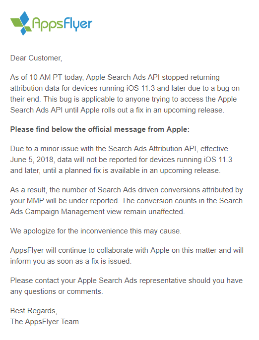 AppsFlyer email reporting the bug