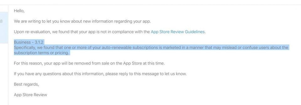 The notice Apple is sending to developers who have potentially problematic subscription flows