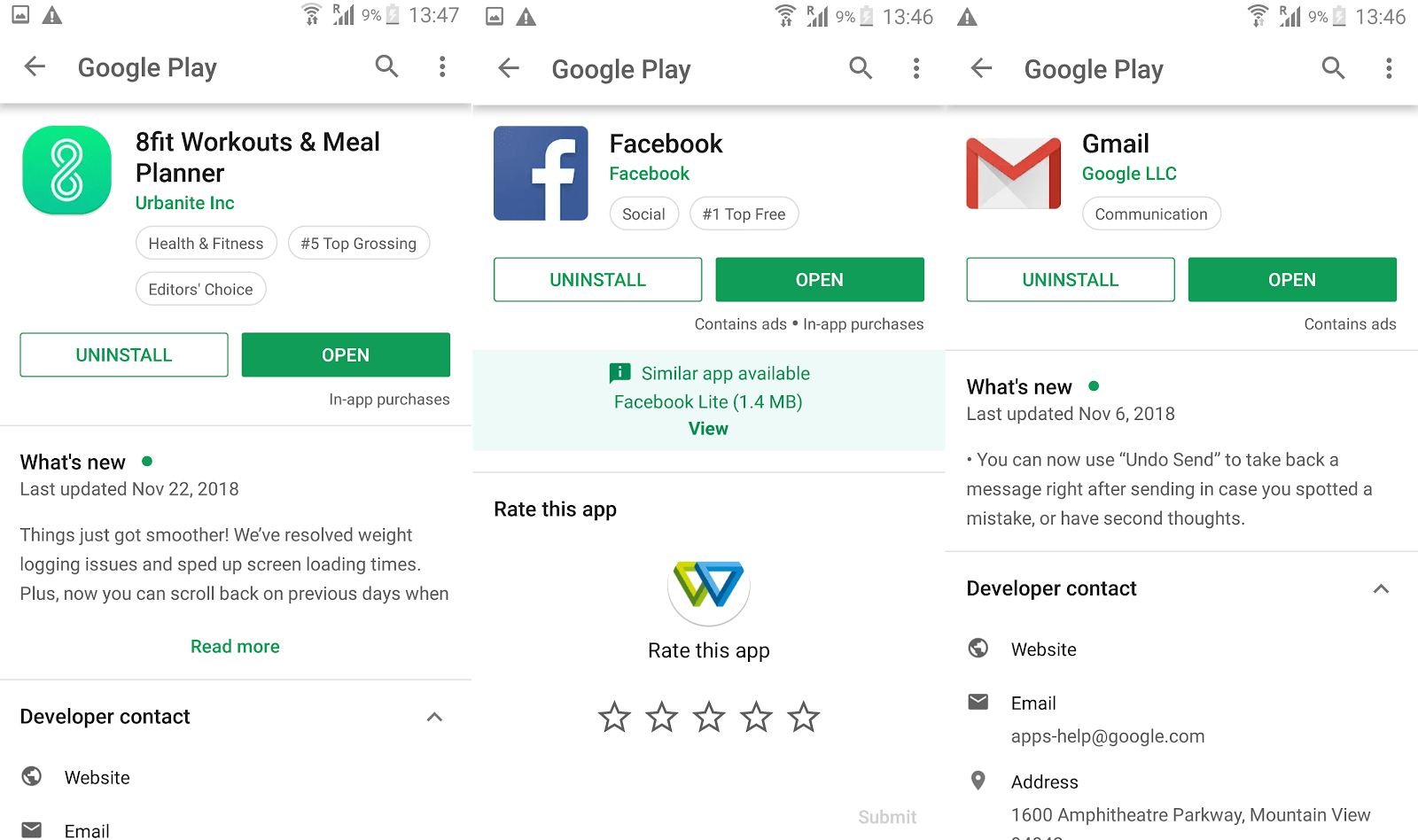 8fit, facebook and gmail screenshots