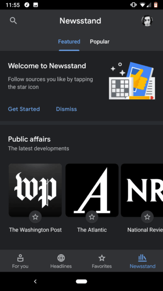 The Newsstand tab in Google News