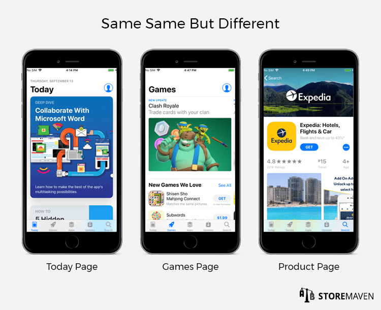 today page, games page and product page on app store