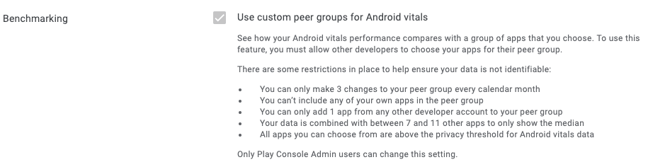 benchmarking preferences on google play console