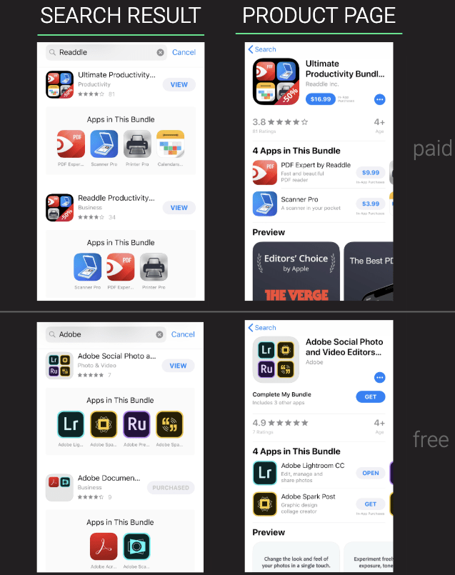 examples of app bundles in search result and product page