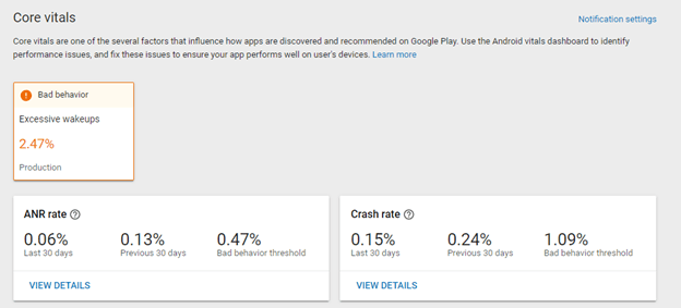 data on vitals vs benchamrks on google play console