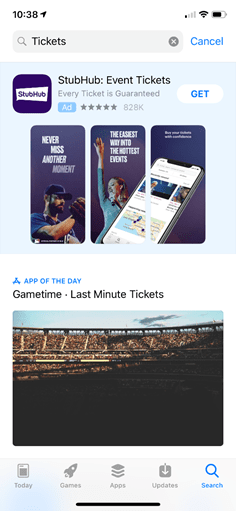 tickets search on apple app store