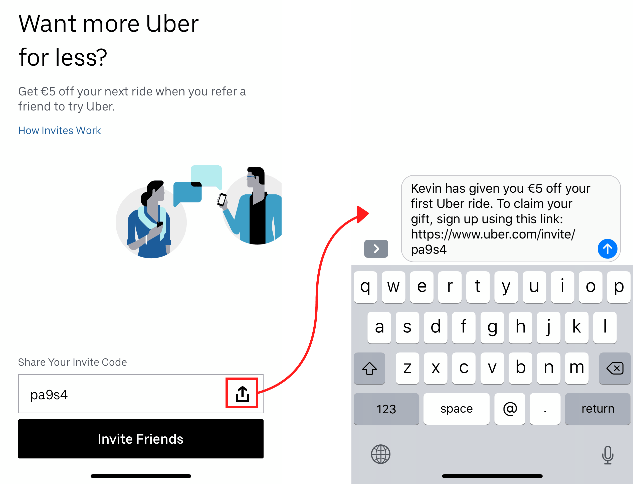Uber pre-filled invites with promo code when you share the app