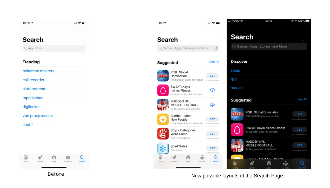 old and new search page layout apple app store