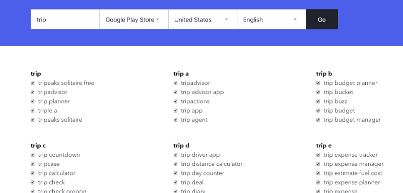 Example of suggestions for “trip” with the App Store & Google Play Keyword Suggest Tool by Apptweak 