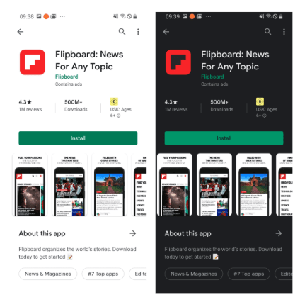 flipboard's store listing light and dark mode on play store