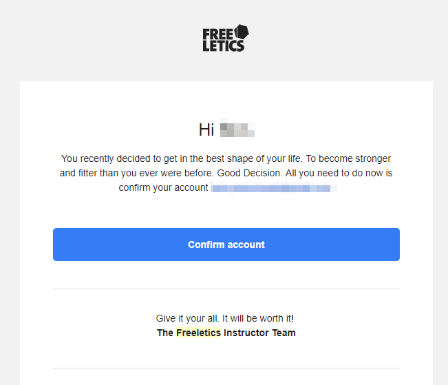 An example of an email double-opt-in (aka verification : account confirmation email) from Freeletics