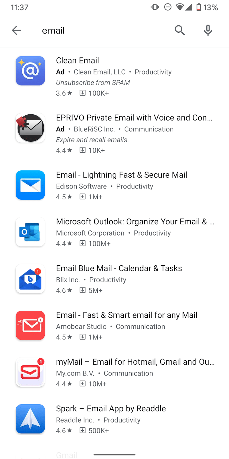 email search on google play store