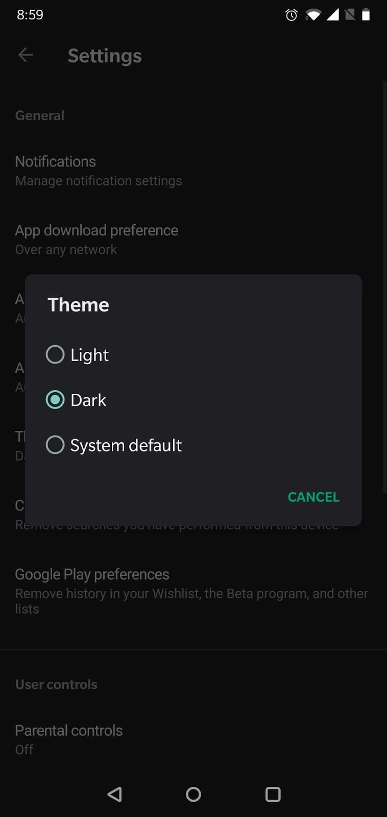 google play settings dark mode theme