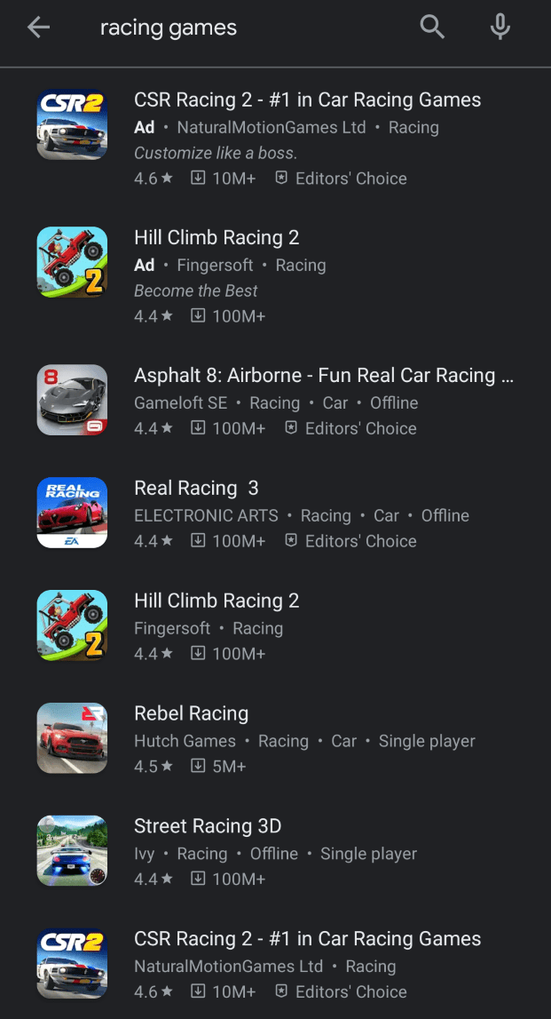 racing games results on google play store