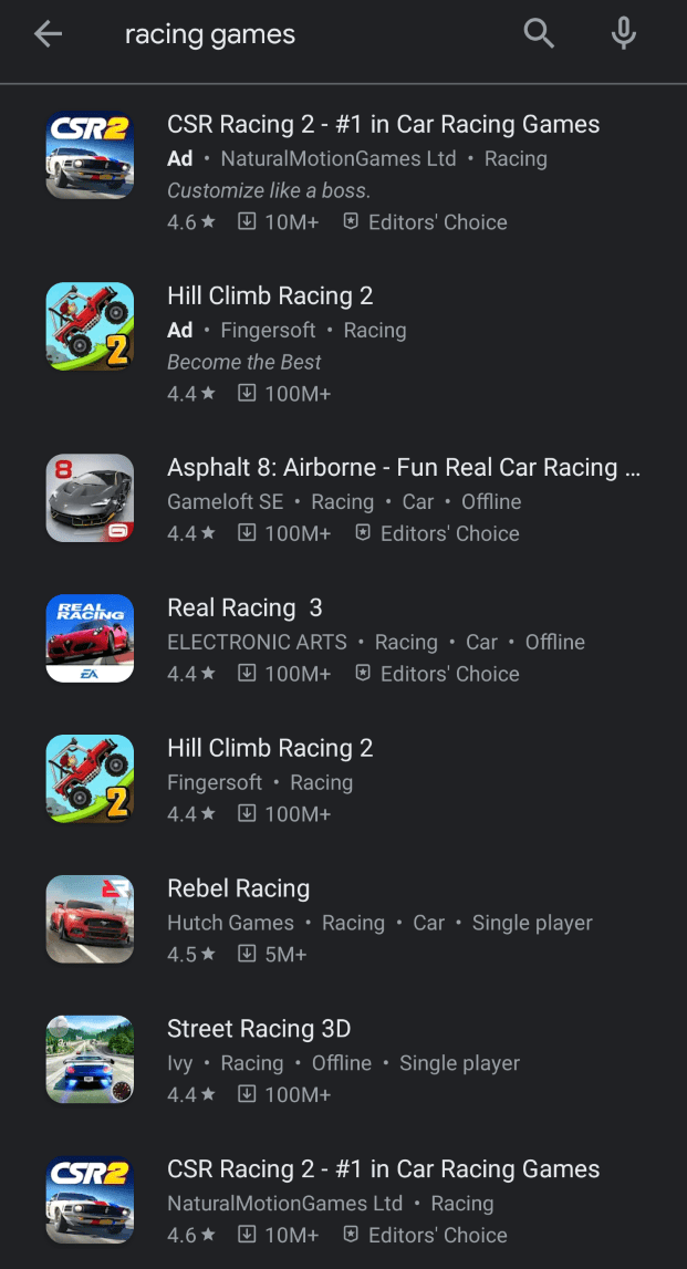 8 racing games featured on Google Play Store