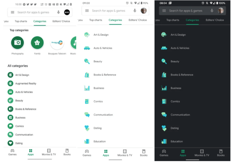 From left to right: original design, new design in light mode, new design in dark mode