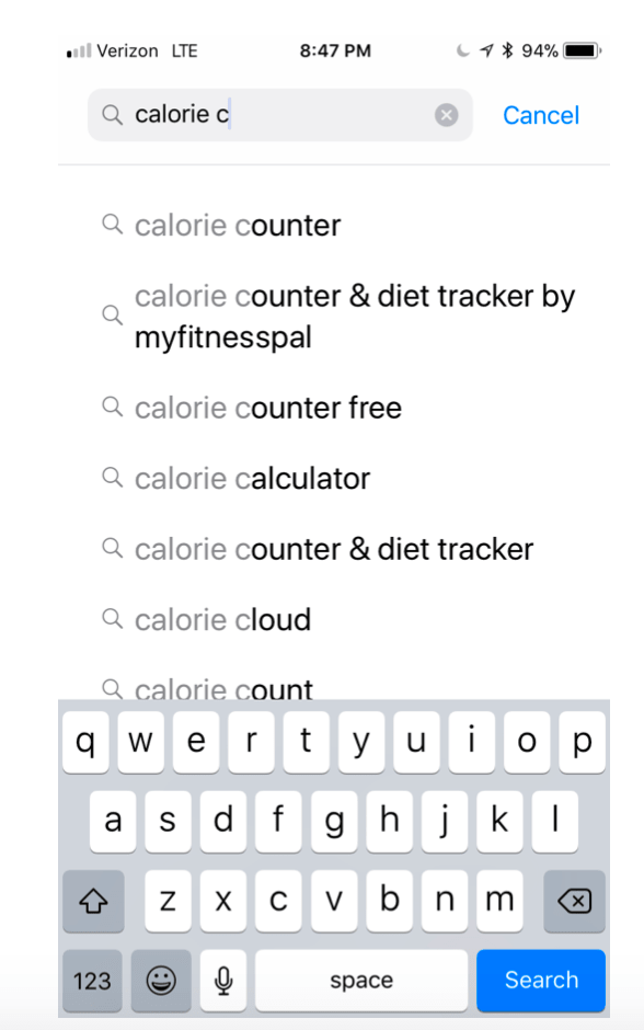 Screenshot showing auto-fill searches for calorie counter, with MyFitnessPal appearing second 