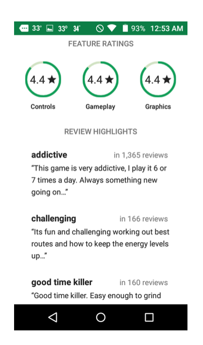 Screenshot showing advanced reviews from a Google Play app 