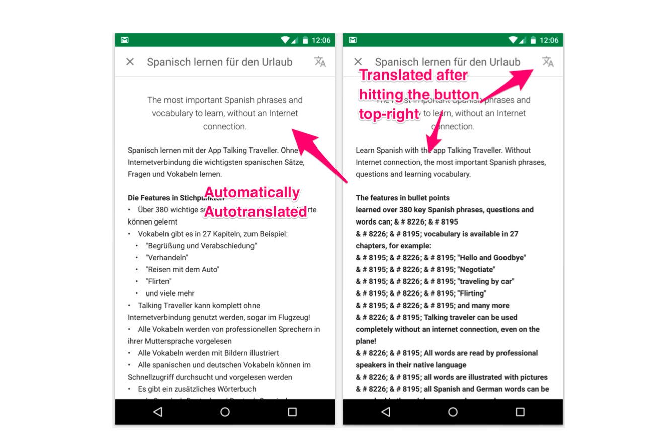 Screenshots showing Google’s Play Store listing translation UX  