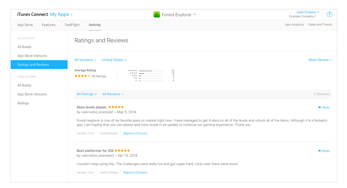 Screenshot of the iTunes Connect ratings and reviews view