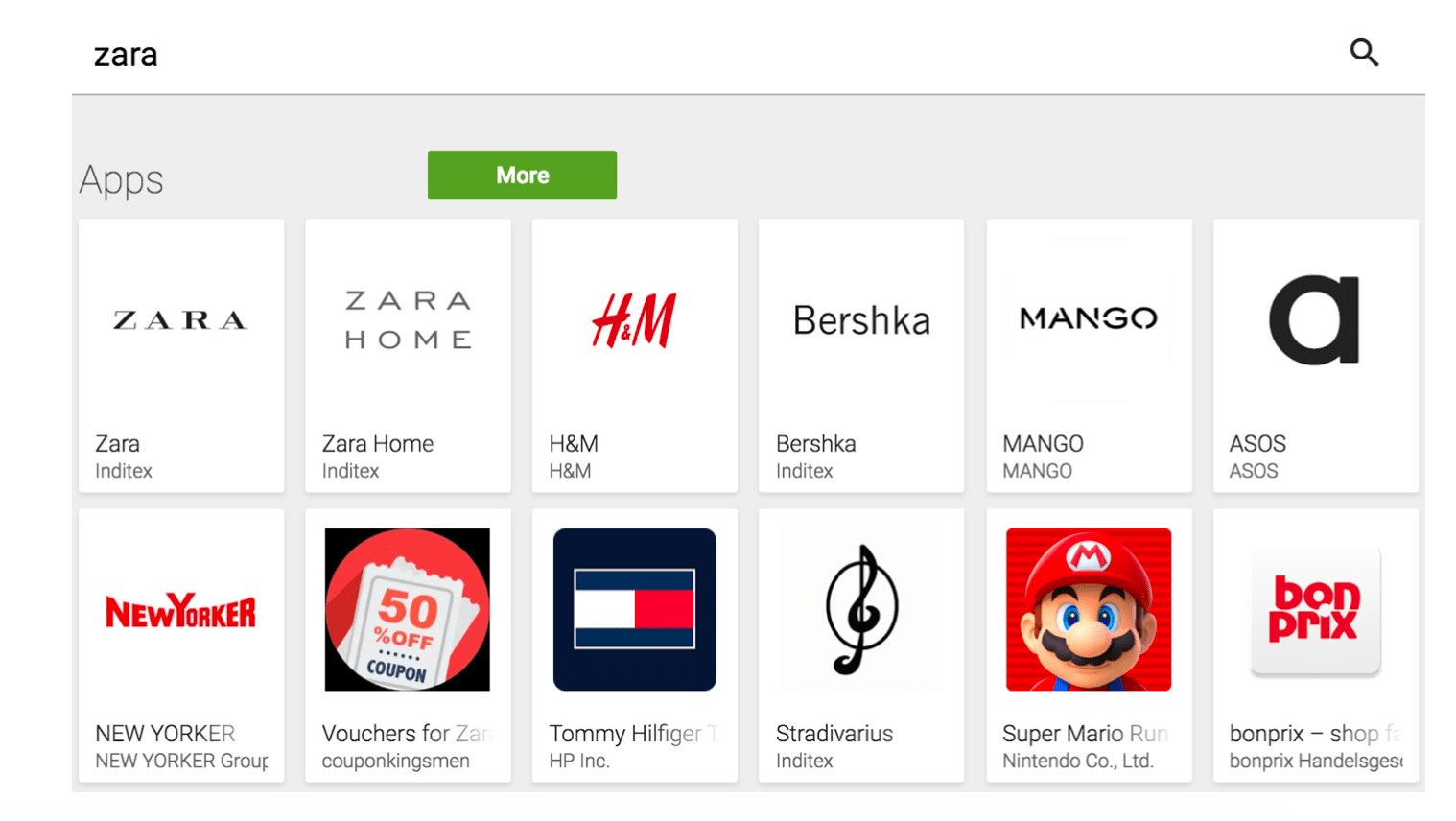 Screenshot: Google Play keyword search for Zara showing Super Mario Run 
