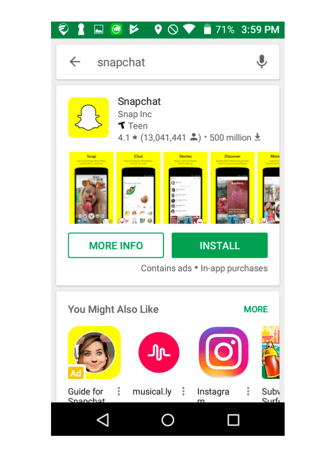 Google Play Store search for Snapchat 