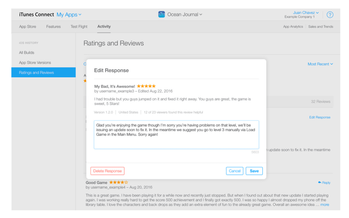 Screenshot of the iTunes Connect ratings and reviews view