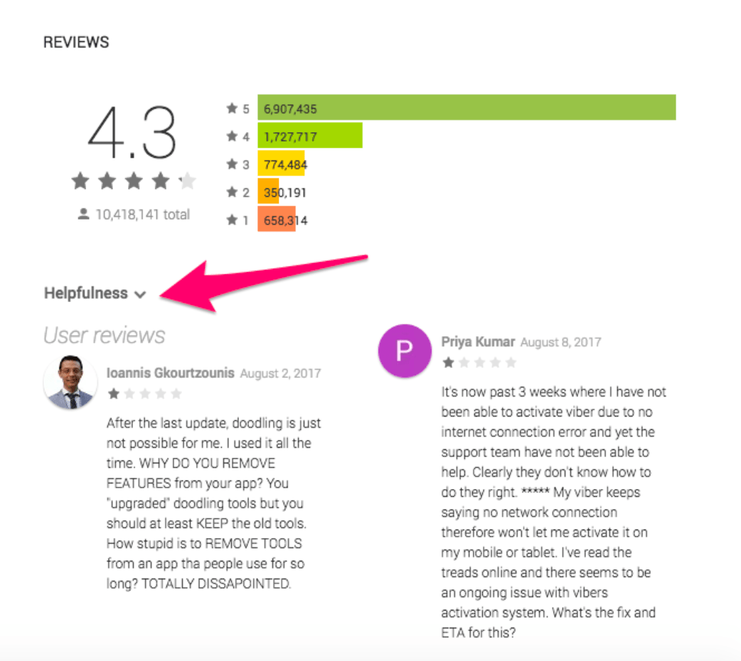 Screenshot showing Google Play reviews, sorted by helpfulness 