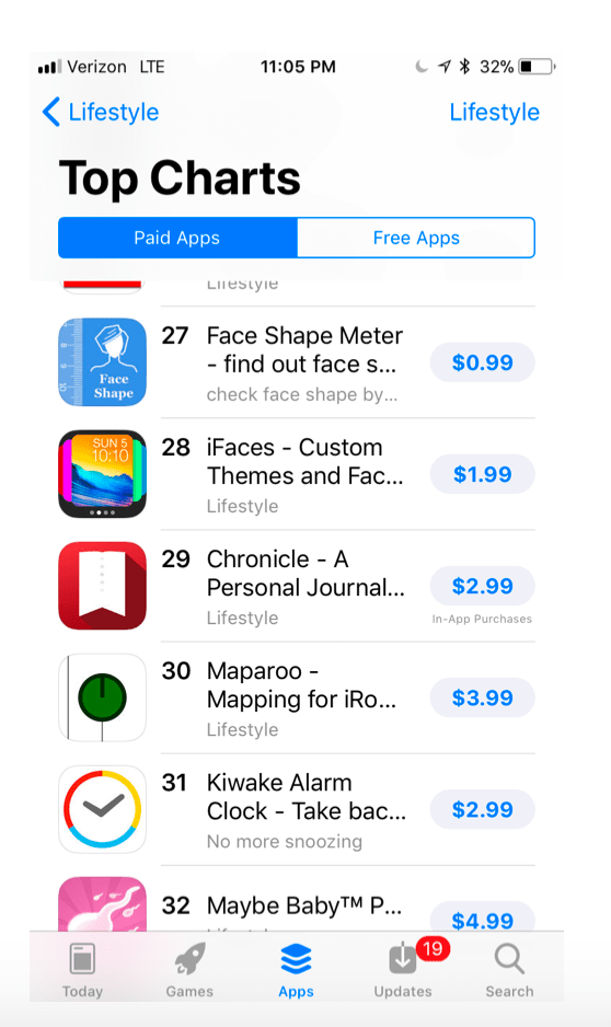 Screenshot: App Store US paid apps top chart depicting truncation of app titles and subtitles 
