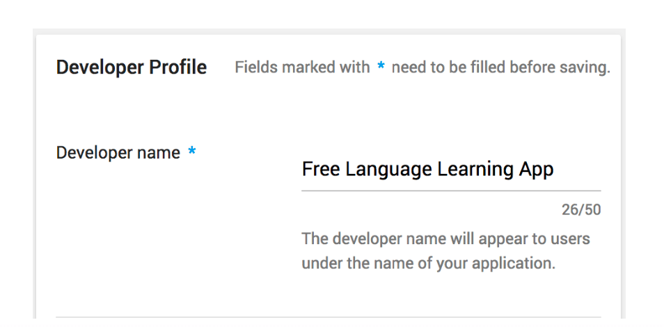 Screenshot: Developer name editing view in Google Play