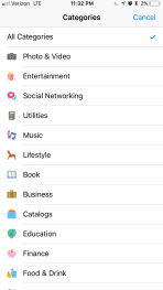 Screenshot showing the top chart category icons, which are now default icons, rather than icons of actual apps. 