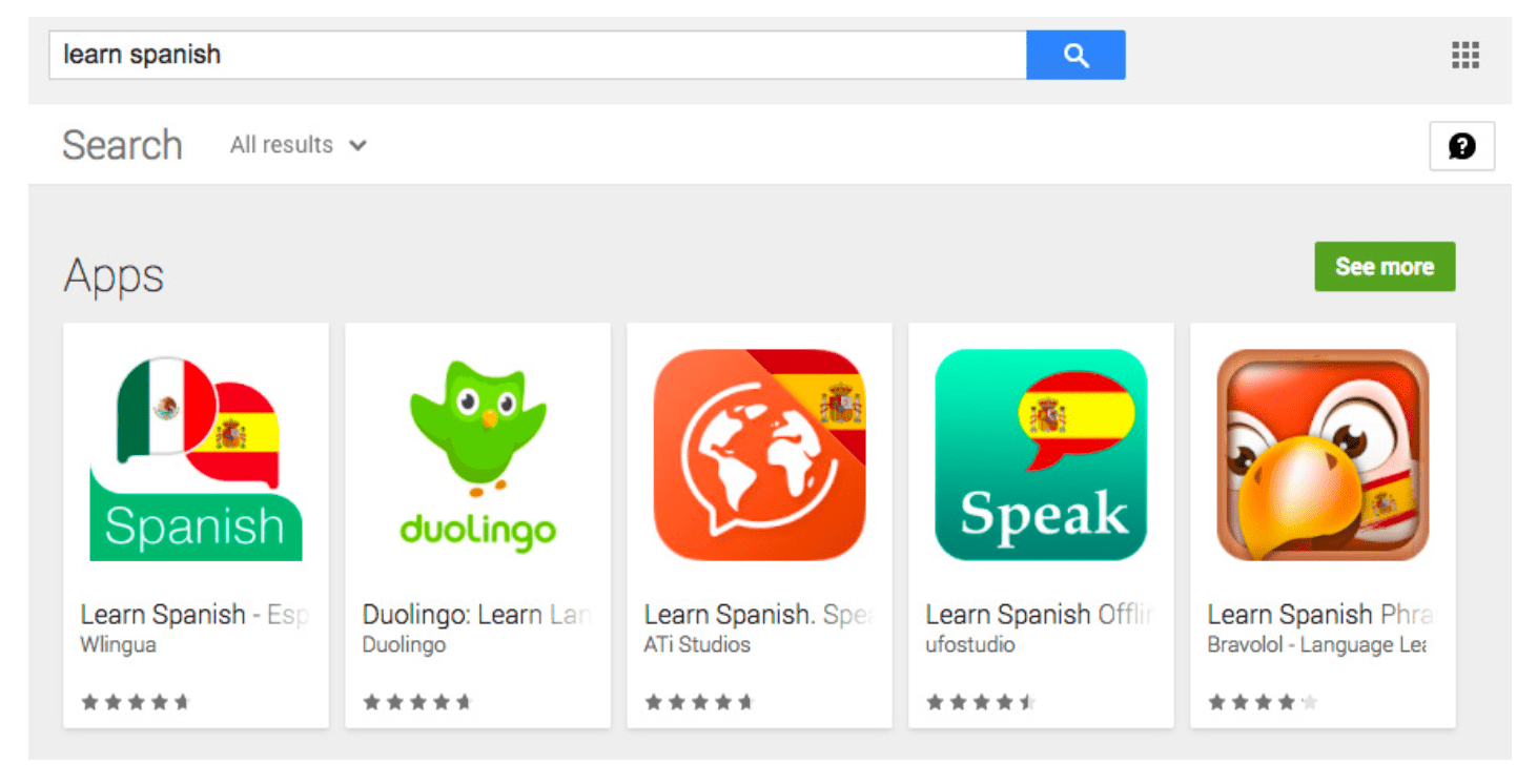Google Play web search showing that, apart from Duolingo, 4 out of 5 top results start with the “Learn Spanish” in their title and have a Spanish flag in  their icon. 