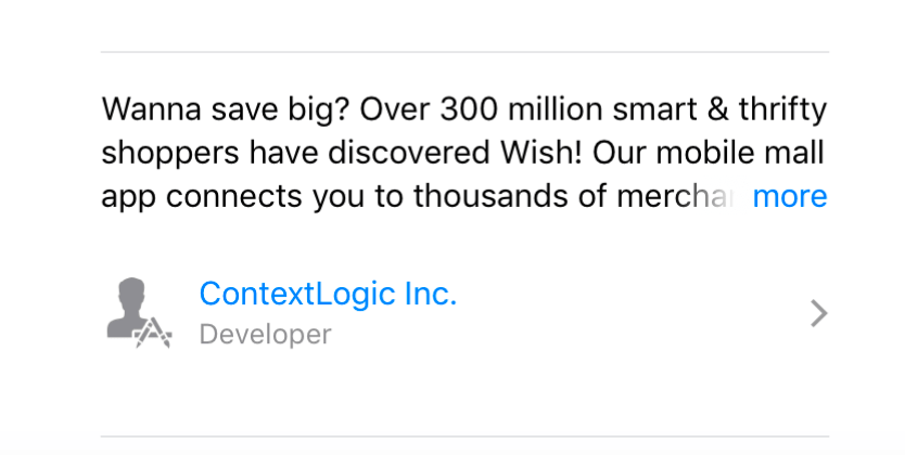 Wish using social proof in its description 