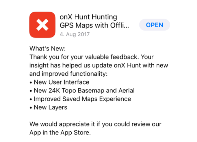 Screenshot of onX Hunt asking for a review in their updates