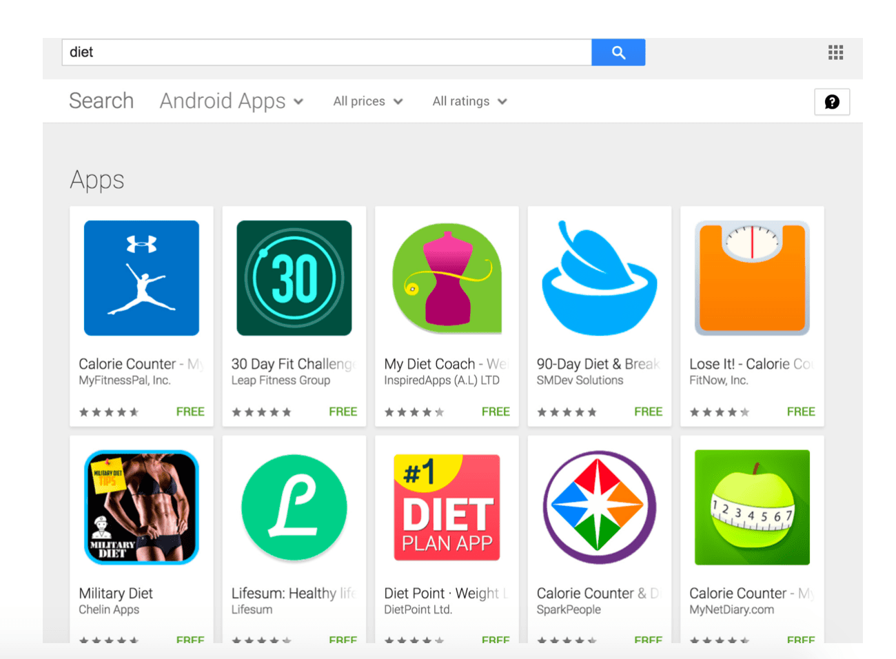 Screenshot of a Google Play keyword search for “diet.” Each app applies some form of connection with the keyword “diet,” either in the icon imagery,  developer name or the app title. 