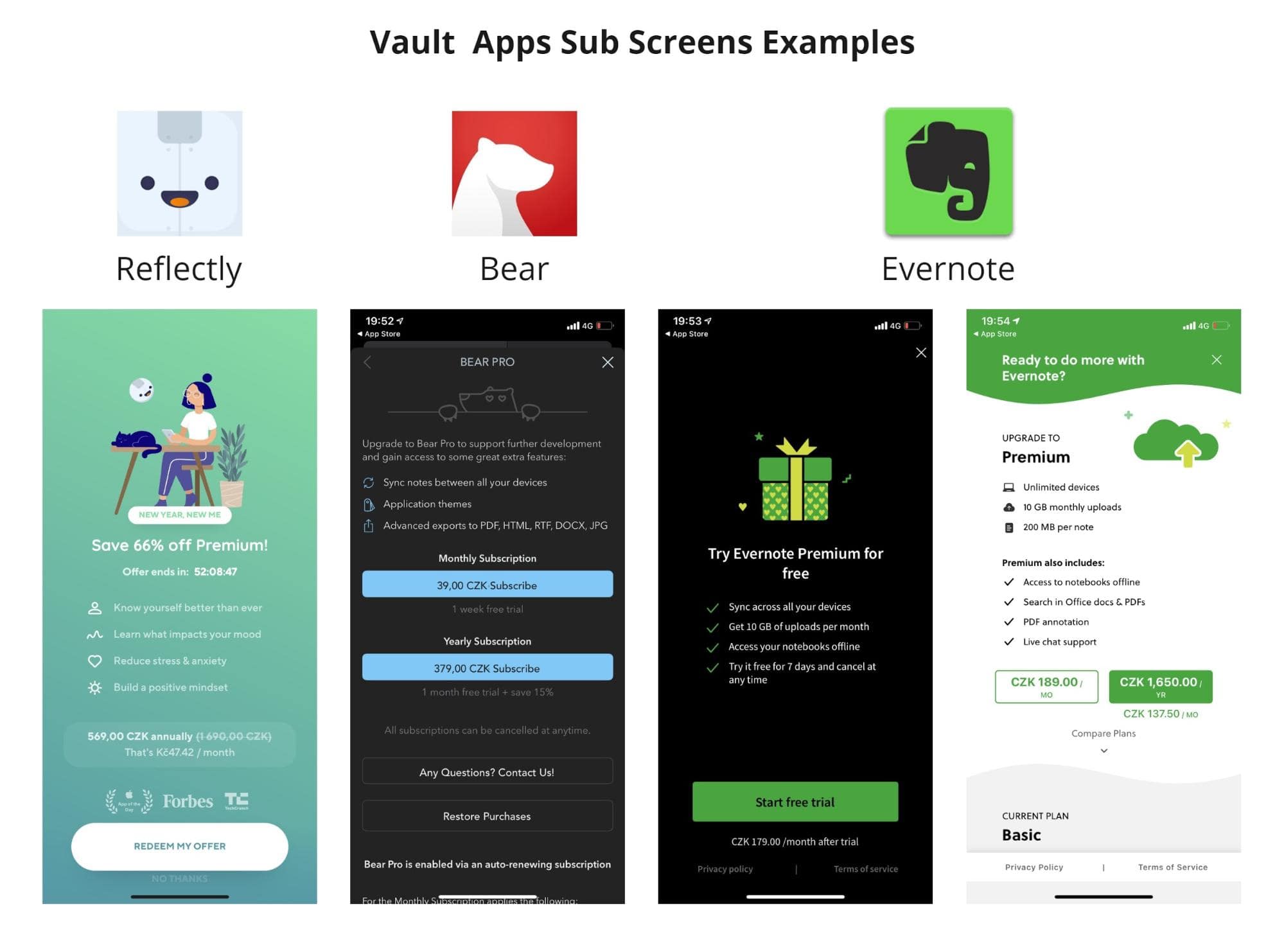 vault apps sub screens examples