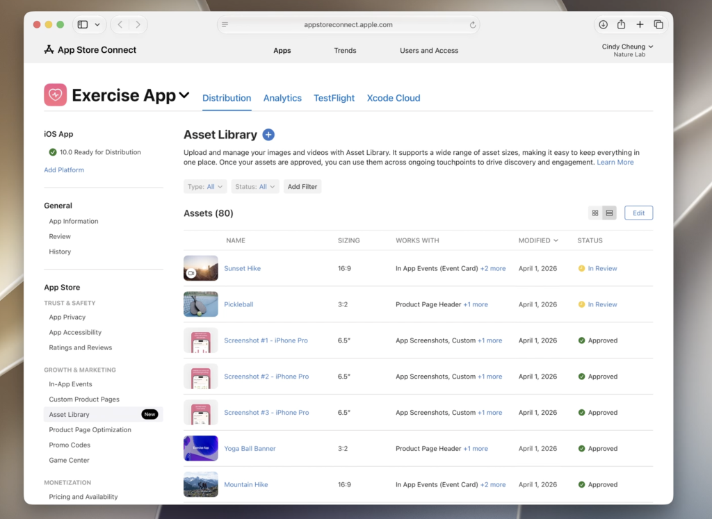 Screenshot asset library
